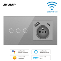 Jrump 147 1-4G interrupteur tactile verre trempé connecté prise murale Standard française USB + type-c série combinaison interrupteur mural intelligent