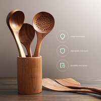 Ensemble d'Ustensiles de Cuisine en Bois, Spatule, Louche à Soupe, Louche Perforée, Cuillère à Pâtes, Accessoires de Cuisine