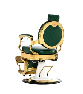 Sillón de Barbería Hidráulico Vintage de Lujo, en Cuero Verde Oscuro, con Estructura Metálica Dorada Electrochapada, Reclinable, para Salón - Product Image 6