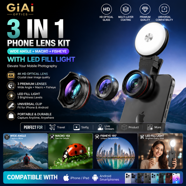 GiAi 3 in 1 Phone Camera Lens Kit HD Wide Angle Macro Fisheye Lens with LED Fill Light for iPhone Android Smartphone Photography