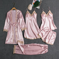 Bata de verano para mujer, cárdigan, pijama, bata de satén de manga larga teñida lisa, estilo seda helada, conjunto de 5 piezas