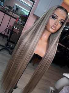 Großhandel Aschbraune Highlight-Perücken mit Gebleichten Knoten, Lange Rohe Remy-Indische Haare, Glatt, Cuticle Aligned Lace Front Perücken Klein/Groß 12a - Product Image 2