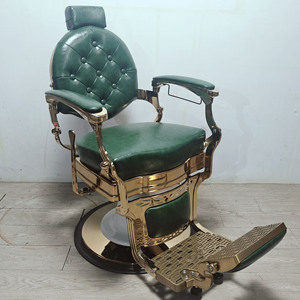 Fauteuil de barbier en cuir touffeté vert foncé, robuste, pour salon de coiffure, avec cadre métallique inclinable et réglable, repose-pieds - Product Image 6
