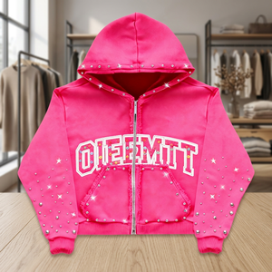 Sudadera Rosa con Capucha de Forro Polar, con Letras de Rhinestone y Bolsillo Frontal, Corte Holgado, Unisex, Impresión Digital de Invierno - Product Image 6