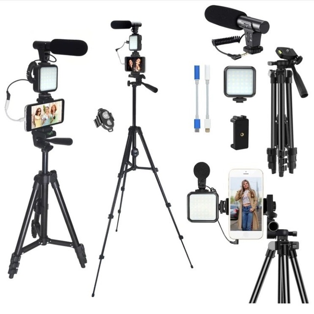 Smartphone Camera Photography Studio Video Recording Online Live Streaming Microphone LED Light Tripod Stand Remote Shutter Kit