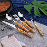 Cuillères et fourchettes de restaurant écologiques en gros, couverts en acier inoxydable, argenterie, acier inoxydable 304, manche en bambou