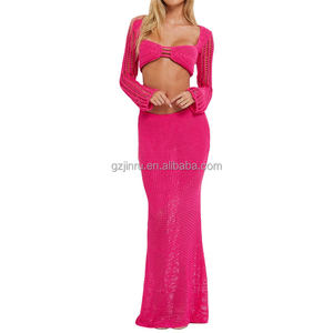 Summer Women's Solid <strong>Crochet</strong> Drawstring Beach Dress Sexy Knitted Strap Tank Top High Waist Wrap <strong>Long</strong> Sleeve <strong>Skirt</strong> Two Piece Set - Product Image 5