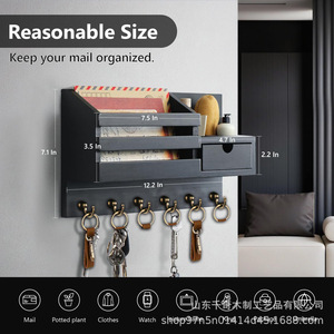 Wooden Wall Mounted Mail And Key Rack With Storage Box And <b>Hooks</b> For Entryway Bedroom Organizing - Product Image 3