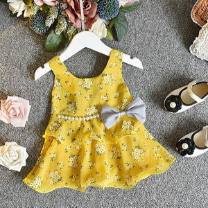 Robes décontractées pour filles, enfants, couleur jaune coréenne, avec bijoux et nœud décoratif - Product Image 1