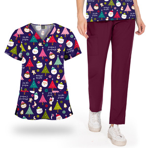 AliExpress – <span class=keywords><strong>Tenue</strong></span> professionnelle pour infirmière et <span class=keywords><strong>soignante</strong></span>, col en V, imprimé dessin animé, pantalon droit de couleur unie en polyester - Product Image 3