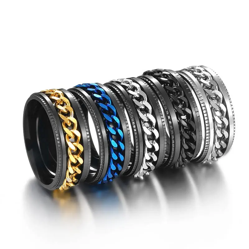 8230796 Titanium Stainless Steel Chain Spinner Ring For Men Blue Gold Black Punk Rock Rings Accessories Jewelry Gift
