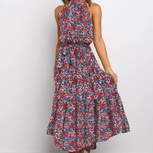 Robe midi élégante à imprimé floral, col halter, coupe trapèze, en mousseline, sans manches, respirante, décontractée, pour femme, été/printemps, vente en gros - Product Image 2