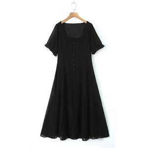 เดรสลูกไม้คอเหลี่ยมสไตล์ฝรั่งเศสสีดำแขนสั้นขนาดบวก N8958 ชุดเดรสลำลองสำหรับผู้หญิงสวมใส่ทุกวัน - Product Image 1