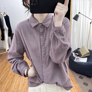 Women's Cotton Linen Shirt Long Sleeve Loose Fit Lace Trim Retro Style Everyday Wear Purple White Pink Bean Green - Product Image 4
