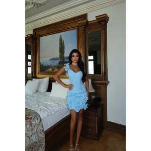 Robe Courte à Motif Floral Bleu, Col Carré Élégant et Décontracté, Conception Personnalisée pour Fêtes Formelles, Taille XS-Unique, Longueur au Sol pour la Journée - Product Image 5