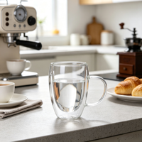 Tasse à double paroi en verre borosilicate haute résistance pour la maison, avec poignée transparente, pour café, lait, thé, boissons chaudes