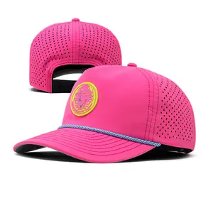 Custom 5 panel Fashion pvc logo laser cut hole perforated dad rope hat pink water proof baseball trucker cap with custom logo