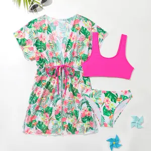 Conjunto de 3 peças de protetor solar para meninas, roupa de banho infantil de manga comprida com estampa de flores, novo design, 2024