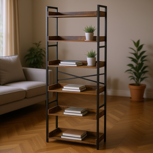 ชั้นวางหนังสือโลหะและไม้สไตล์เรียบง่าย 6 ชั้น ขนาด 25.59 ยาว x 11.81 กว้าง x 69.29 สูง นิ้ว สำหรับห้องนั่งเล่น ห้องนอน สำนักงาน - Product Image 2