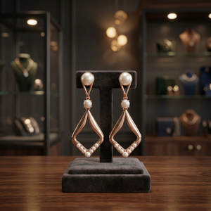 Pendientes Colgantes Geométricos de Oro Rosa con Perlas y Baño de Rodio para Fiesta, Boda o Regalo - Product Image 3