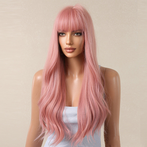 LIWANGLONG HAIR Nuova Collezione Parrucche Sintetiche 26 Pollici Lunghe Ondulate Effetto Naturale Liscio Setoso con Frangia <span class=keywords><strong>Rosa</strong></span> Chiaro - Product Image 5