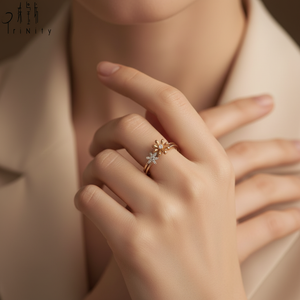 Bague empilable de qualité exceptionnelle, faite à la main, avec fleur et diamant, design 2 en 1, bijoux en or blanc rose 18 carats, diamant naturel véritable - Product Image 4