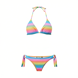 Set Bikini HDJ a Righe Arcobaleno Taglia 42 44 46 48 con Spalline Regolabili e Slip con Laccetti Laterali - Product Image 1