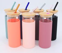 Gobelet en verre à large ouverture de 600 ml (20 oz) sans BPA, design mignon, avec paille et couvercle en bambou, anti-fuite, réutilisable, compatible lave-vaisselle et micro-ondes