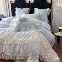 Parure de lit 4 pièces style Princesse Française en coton lavé couleur unie, avec housse de couette à volants en dentelle, douce pour la peau, haut de gamme