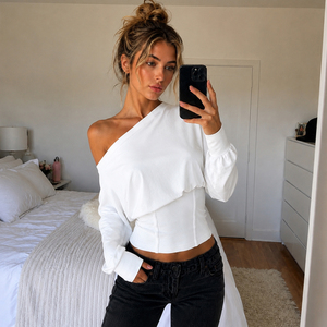 Sexy <b>off</b> <b>shoulder</b> corset boned waist solid cropped <b>long</b> <b>sleeve</b> <b>top</b> elegant versatile slim flattering T shirt for women - Product Image 2