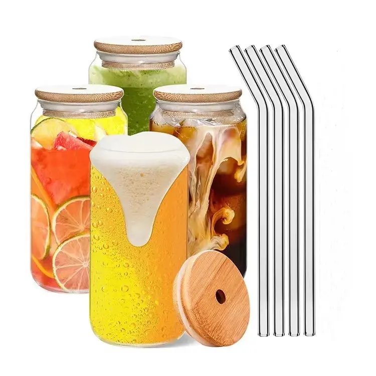 High Borosilicate Glass Beer Can with Bamboo Lid and Glass Straw for Water Beer Iced Coffee Glass Cup