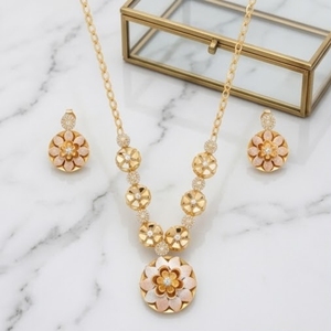 925 Silver Italian Gold Floral Necklace Set with Matching Earrings Crystal Round Brilliant <b>Cut</b> <b>Stones</b> Designer Jewelry - Product Image 2