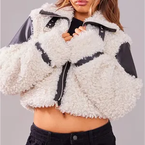 Único Sherpa moda Otoño Invierno Color bloque peludo chaqueta abrigos cortos Patchwork PU cuero recortado bombardero mujeres chaquetas 2024