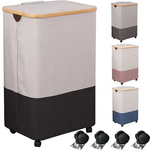 Collapsible Bamboo Laundry Baskets with Wheels and Removable Laundry Bag Large Laundry Hamper with Lid