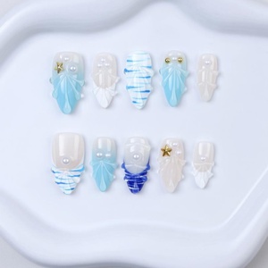 Faux ongles à presser en acrylique faits main, certifiés CE, style peinture à l'huile, motif fleurs romantiques amandes françaises, design cercueil 3D, pour fêtes - Product Image 1