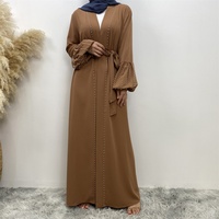 1961 #   Abaya élégante en tissu Nida de luxe avec manches lanternes, petites perles et bordure perlée, poches latérales
