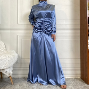 6664 #   Nouvelle robe longue tendance en satin épais et lisse, col rond, taille élastique plissée, jupe ample - Product Image 3