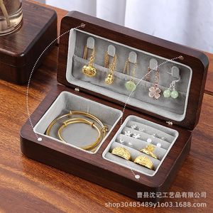 Caja de joyería de madera con bandeja de terciopelo, rectangular, de madera maciza, elegante, para guardar collares, pulseras, anillos, para viajes - Product Image 3