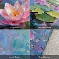 Peinture à l'huile Impasto Lotus faite à la main 30x50cm, texture cuillère à palette, art floral sur toile de lin pour décoration murale d'hôtel et de galerie