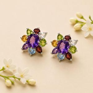 925 <b>Sterling</b> <b>Silver</b> Rhodium Plated Multi Gemstone Designer <b>Stud</b> <b>Earrings</b> - Product Image 2