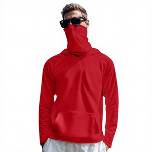 Men Solid <b>Red</b> <b>Long</b> <b>Sleeve</b> Hooded Pullover UPF 50 Anti UV Fishing Shirt Lightweight Polyester <b>Top</b> for Adults - Product Image 3