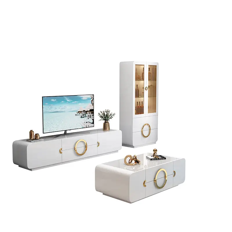 Fabrika modern tasarım altın ve beyaz tv dolabı lüks ev mobilyası duvar ünitesi tv standı ile oturma odası için sehpa seti