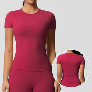 Roregal Yoga T-Shirt Fitness Running Col rond <span class=keywords><strong>Couleur</strong></span> unie T-shirt court serré Dames Yoga Tops courts - Product Image 1