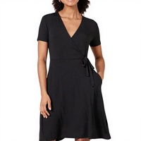 Gaun Midi Formal Wanita Musim Panas Grosir Kustom, Kasual Model Bungkus V-Neck, Bahan Faux-Wrap Polos, Dapat Dicuci, Lengan Pendek, Viscose Elastane