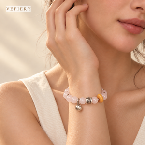 Pulsera Elástica de Cuentas Redondas de Cuarzo Rosa Natural con Detalle de Ámbar y Dije en Tono Plateado para Mujer, Joyería al por Mayor - Product Image 2