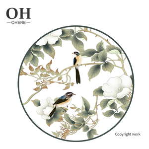 Plaque de céramique ronde nordique de haute qualité, assiettes vertes en porcelaine oiseau forêt, assiettes de restaurant décoration - Product Image 3