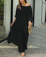 Ensemble décontracté d'été deux pièces pour femme en coton et lin : haut à manches longues asymétrique et pantalon large confortable