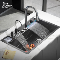 Évier de cuisine multifonctionnel double cuve en acier inoxydable 304, design moderne et luxueux, noir, avec cascade et pluie