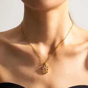 Bulk Wholesale Green Flash Diamond Stainless Steel Gold Plated Zircon Pendant Necklace