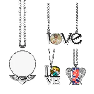 Subbank Sublimation Photo Metal Gadgets Necklace Circle Angel Wing Pendant Sublimation Necklace Blanks